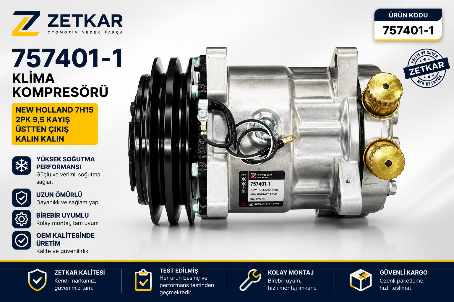 757401-1 NEW HOLLAND 7H15 2PK 9,5 KAYIŞ ÜSTTEN ÇIKIŞ KALIN KALIN KLİMA KOMPRESÖRÜ