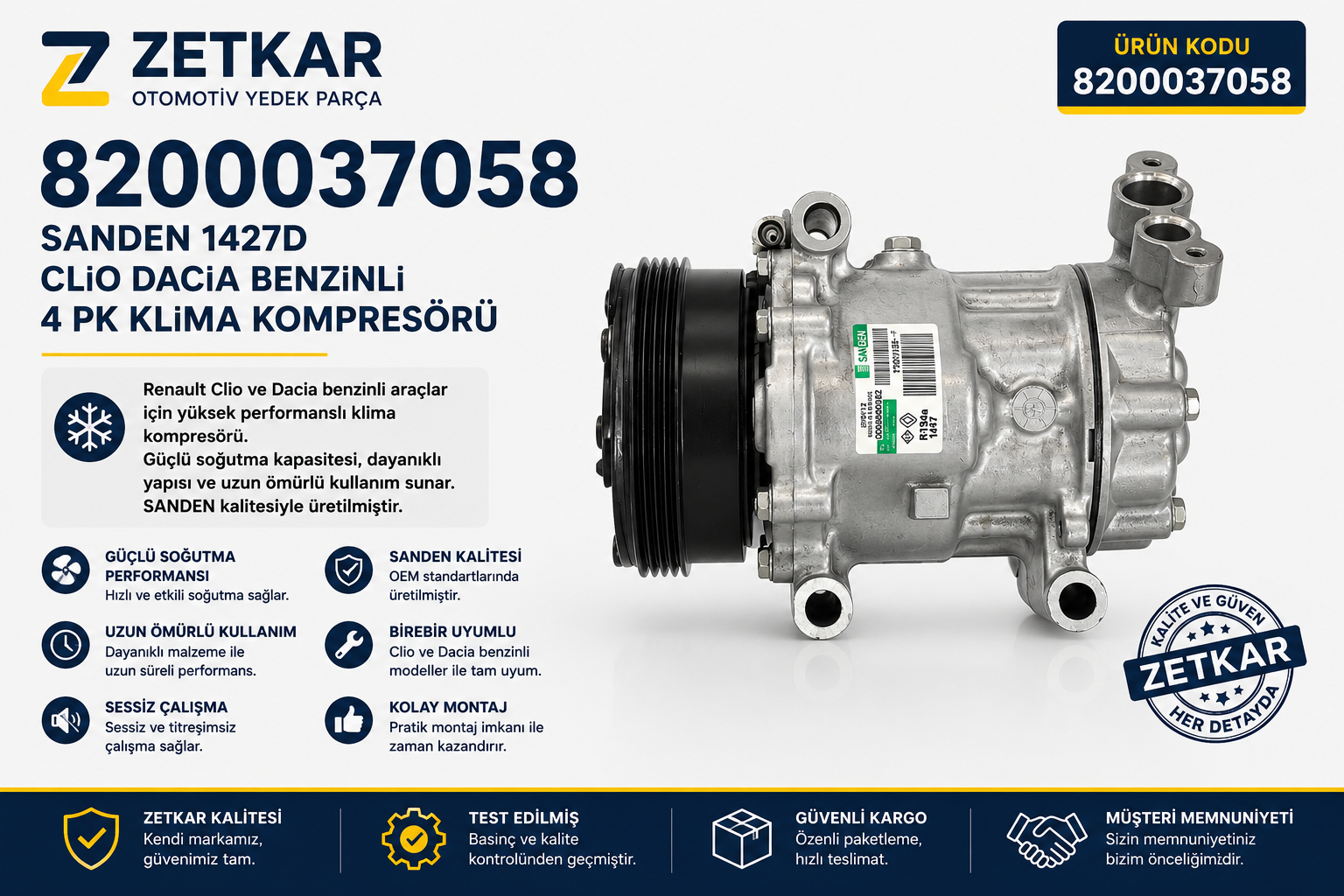 8200037058 SANDEN 1427D CLİO DACİA BENZİNLİ 4 PK KLİMA KOMPRESÖRÜ