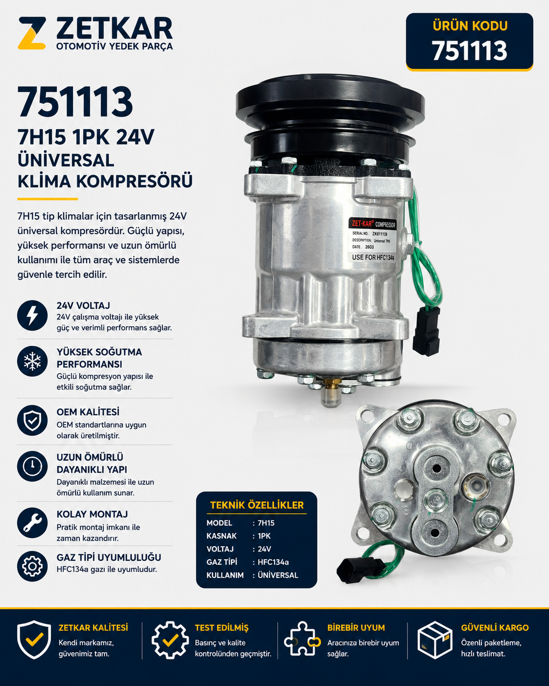 751113 7H15 1PK 24V ÜNİVERSAL KLİMA KOMPRESÖRÜ